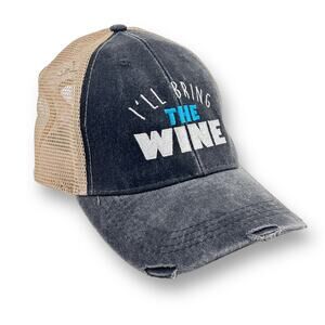 I'll Bring The Wine Distressed Mesh Back Trucker Baseball Cap Hat Piper Lou O/S